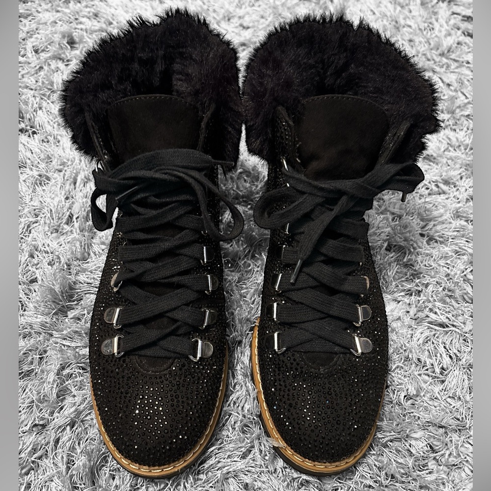 INC Black Rhinestone and Fur Lace Up Hiker Boots beautiful and stunning SZ 7 M